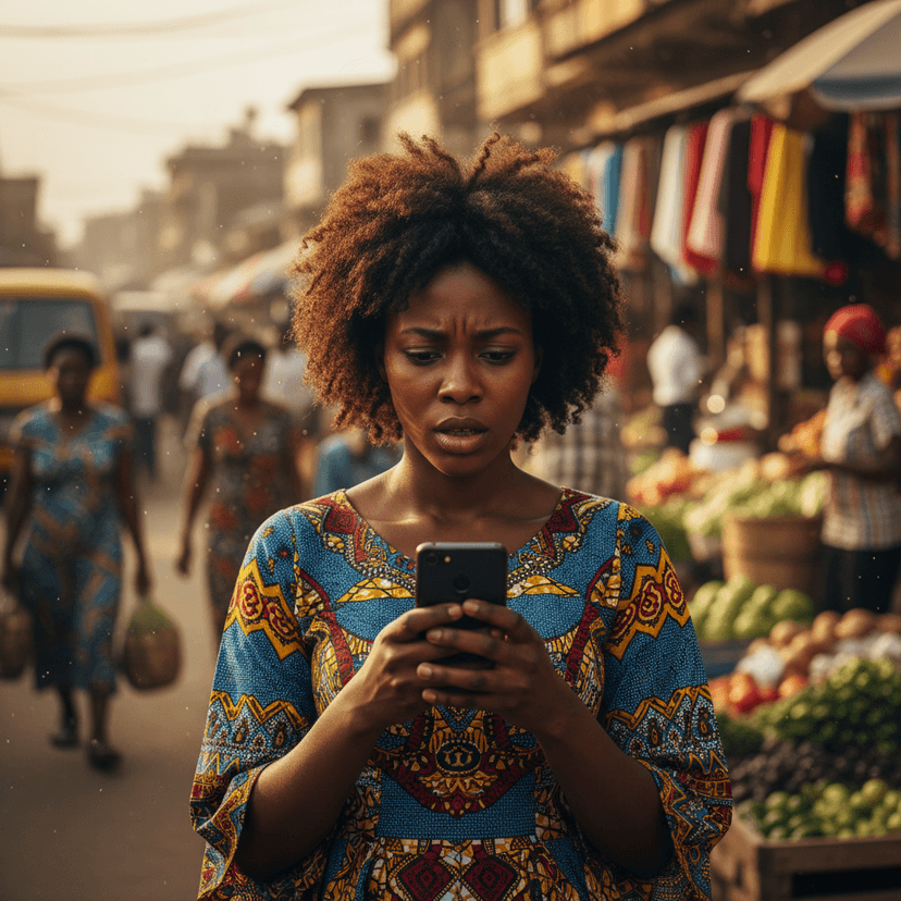 Young Nigerian woman looking at her smartphone with concern in a Lagos market