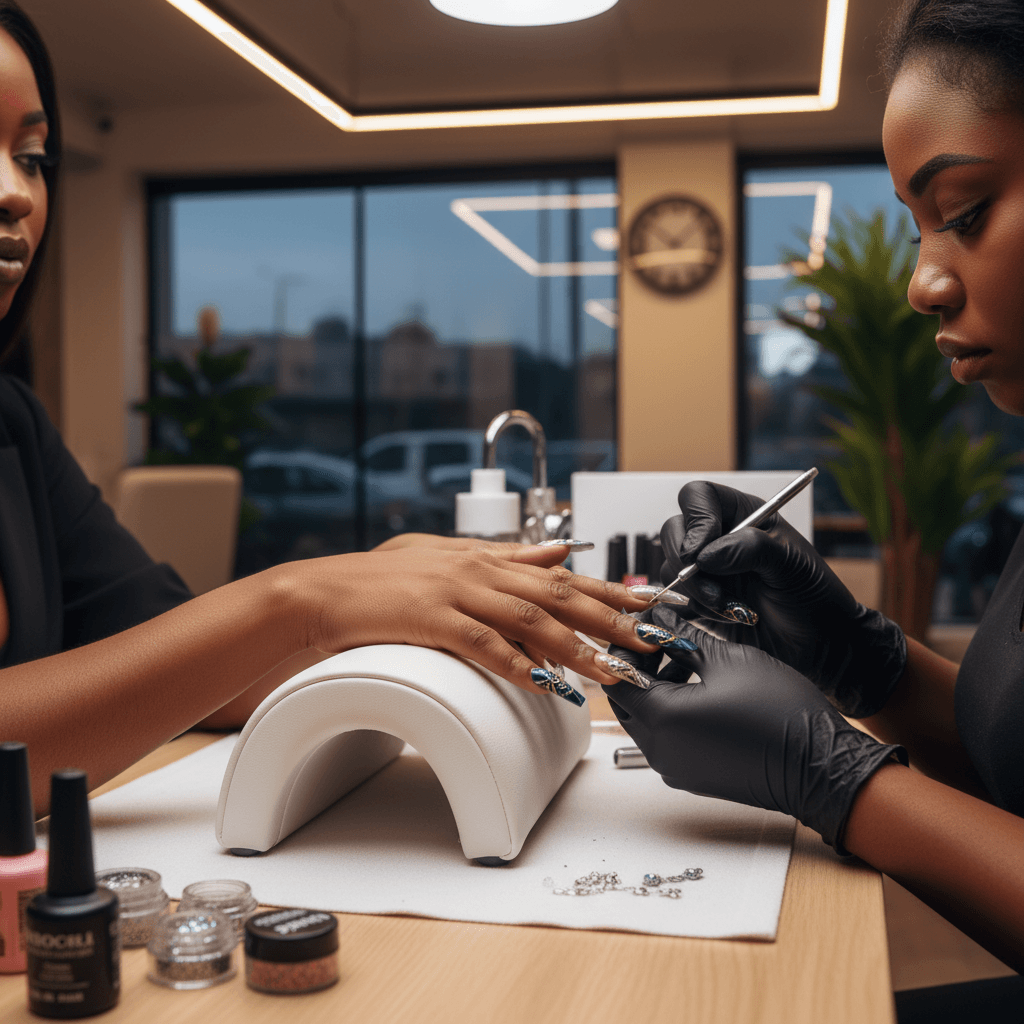 Nigerian woman getting professional gel nail art at a Lagos nail studio