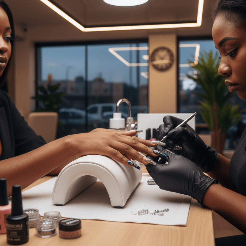 Nigerian woman getting professional gel nail art at a Lagos nail studio