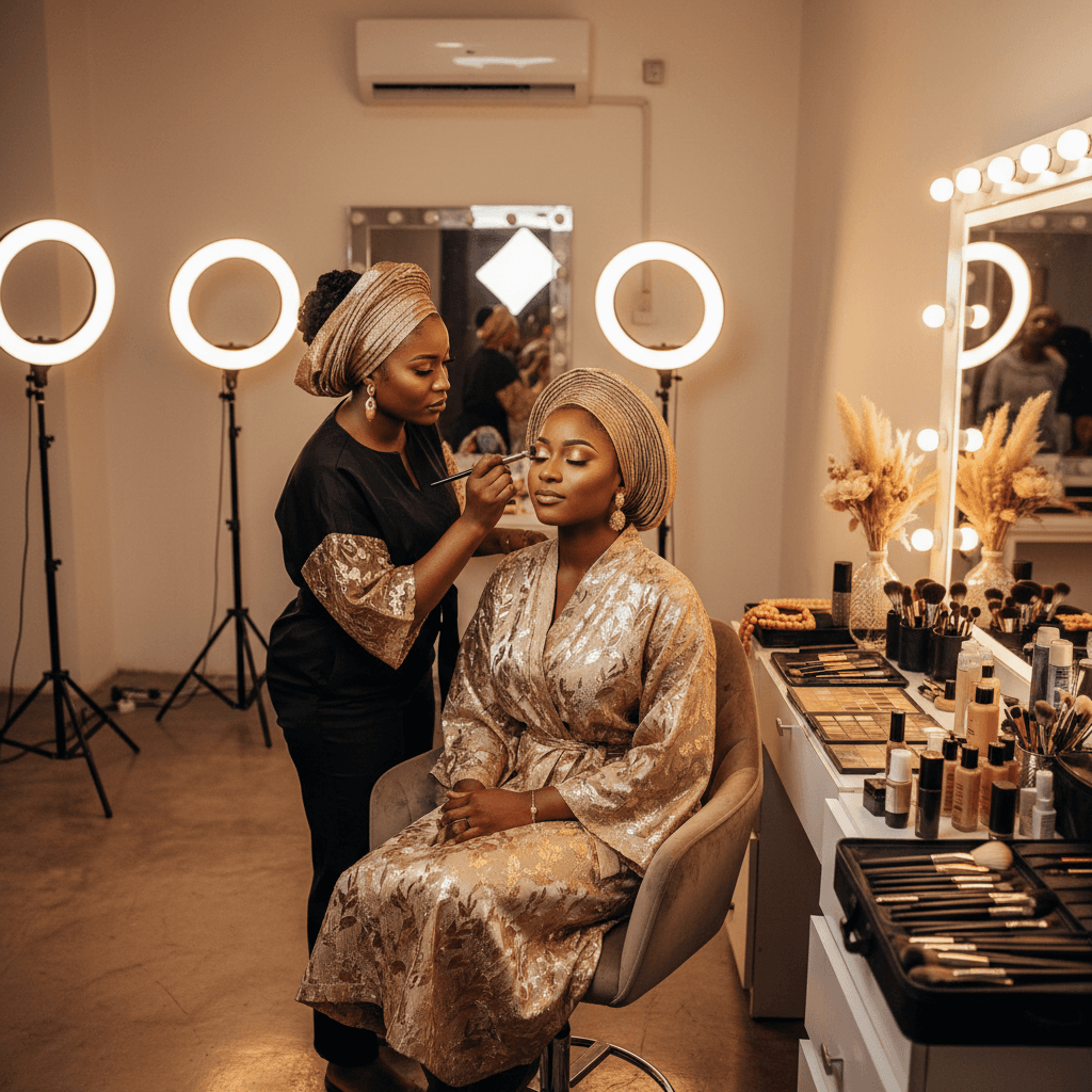 Nigerian makeup artist applying bridal makeup for a traditional wedding