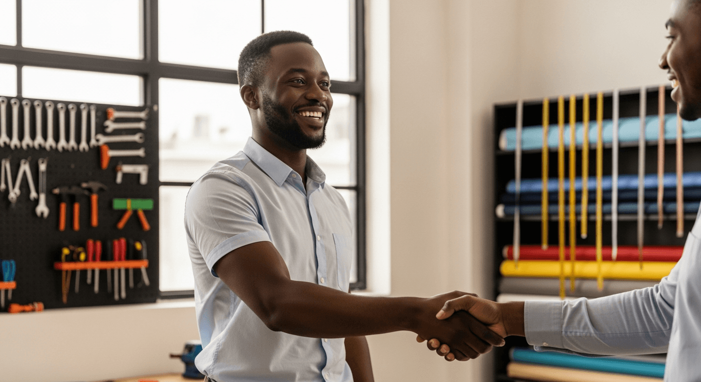 Nigerian business owner and customer shaking hands after a successful escrow transaction on TrustAm