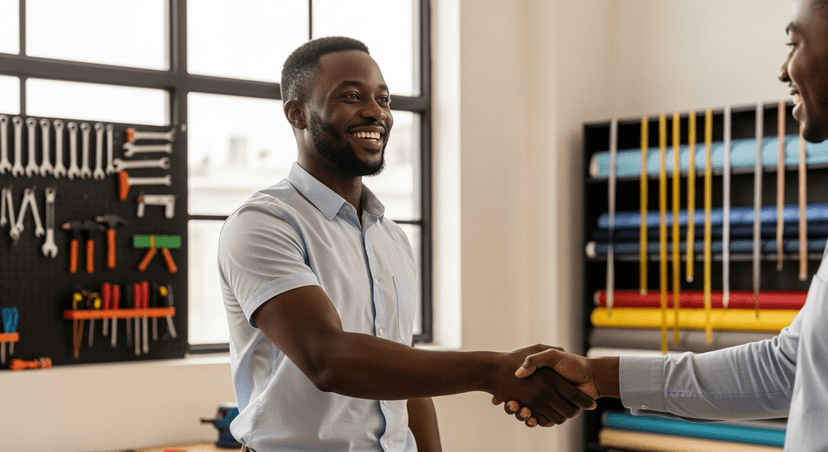 Nigerian business owner and customer shaking hands after a successful escrow transaction on TrustAm