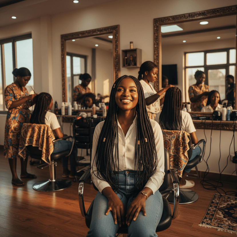 Young Nigerian woman with beautiful box braids in a modern Lagos hair salon